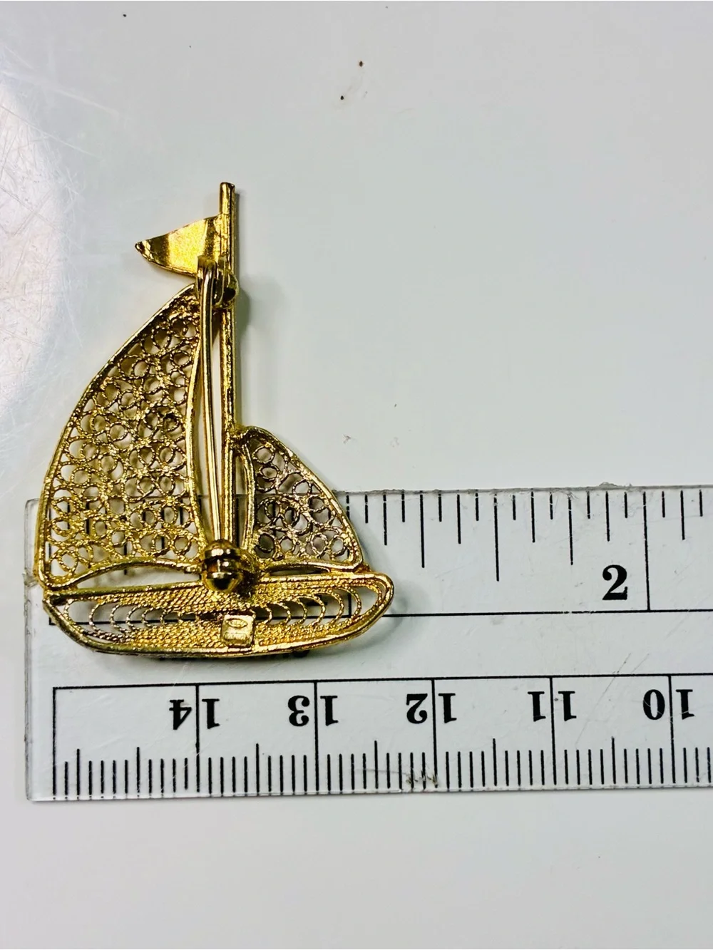925 Gold Filled Stamped Filigree Sailboat Brooch - Gold and Silver